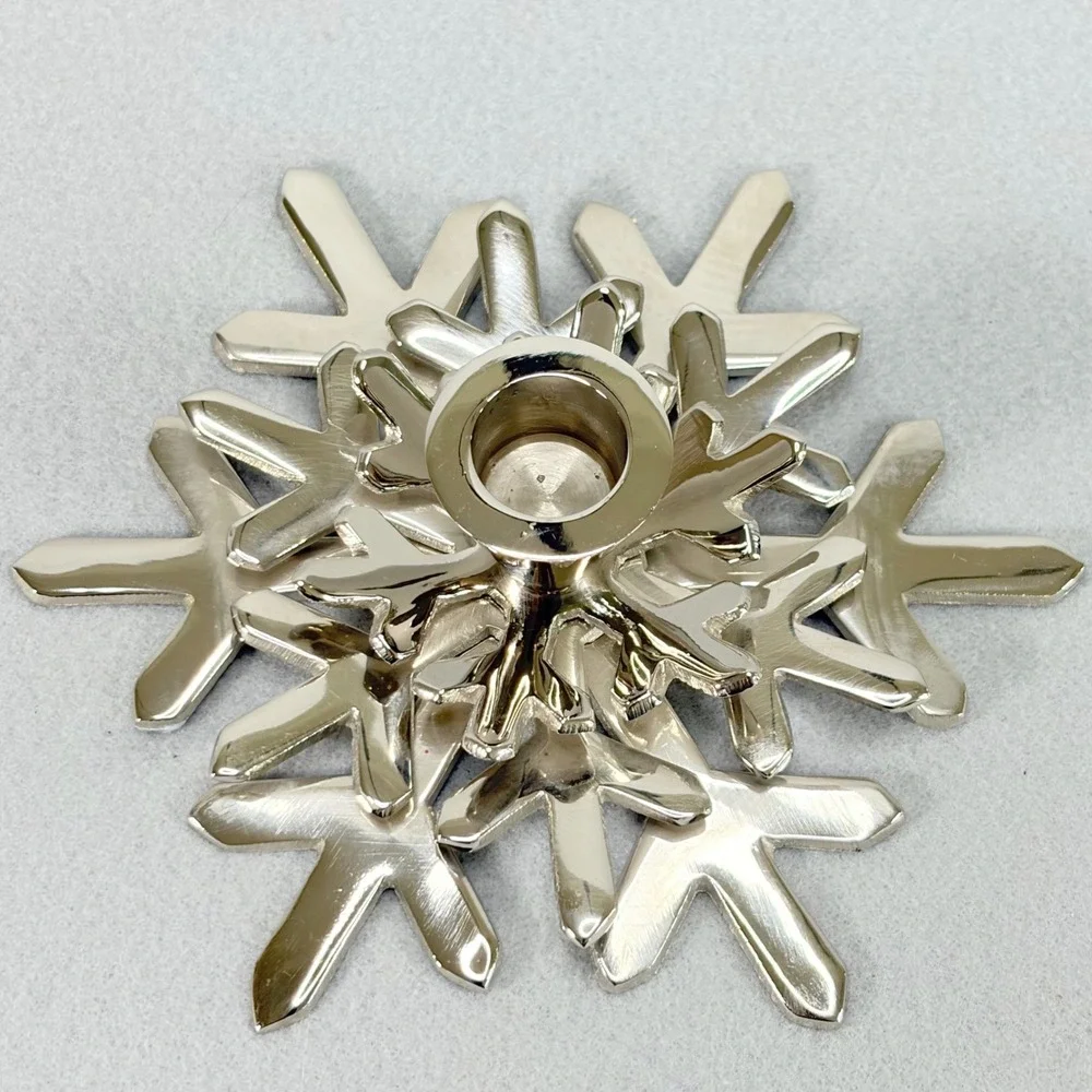 Crate & Barrel Pair Shiny Snowflake Taper Candle Holders Silver Festive Holiday